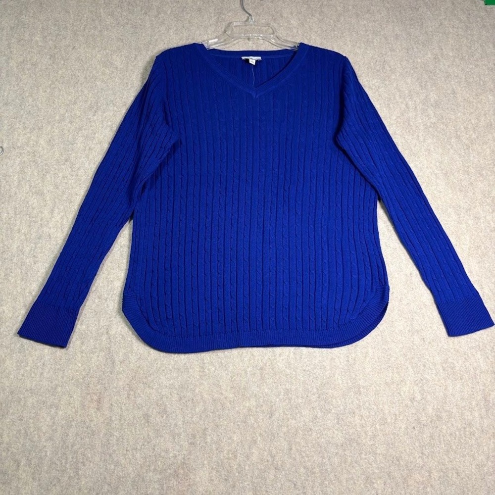 Kim Rogers Sweater Womens Small Blue Cotton Cable Knit V-Neck Classic Preppy New